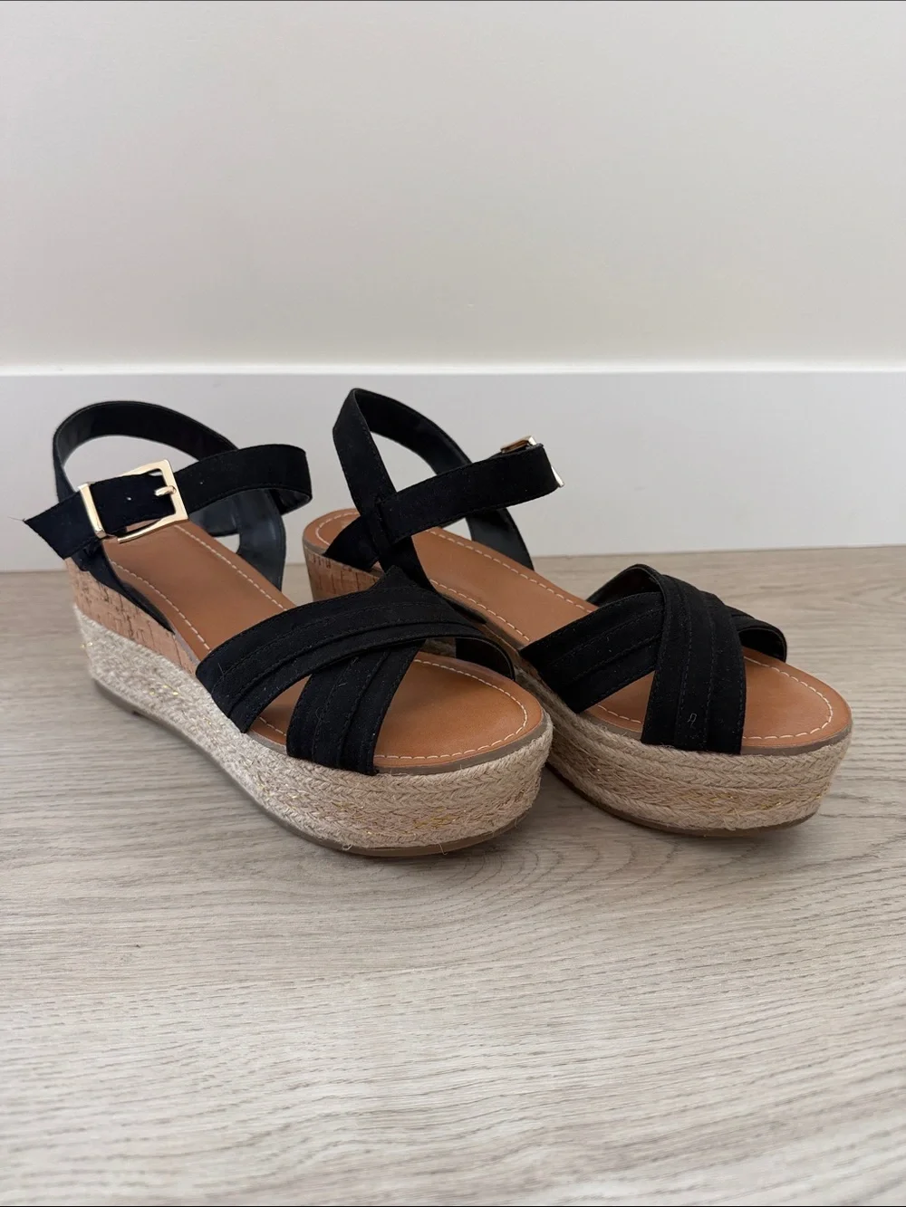 Fergalicious Black Crisscross Espadrille Wedge Sandals